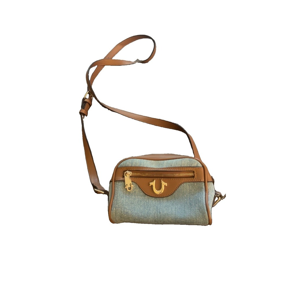True Religion Denim Bag Crossbody Purse Horseshoe Gold Logo Brown Trim